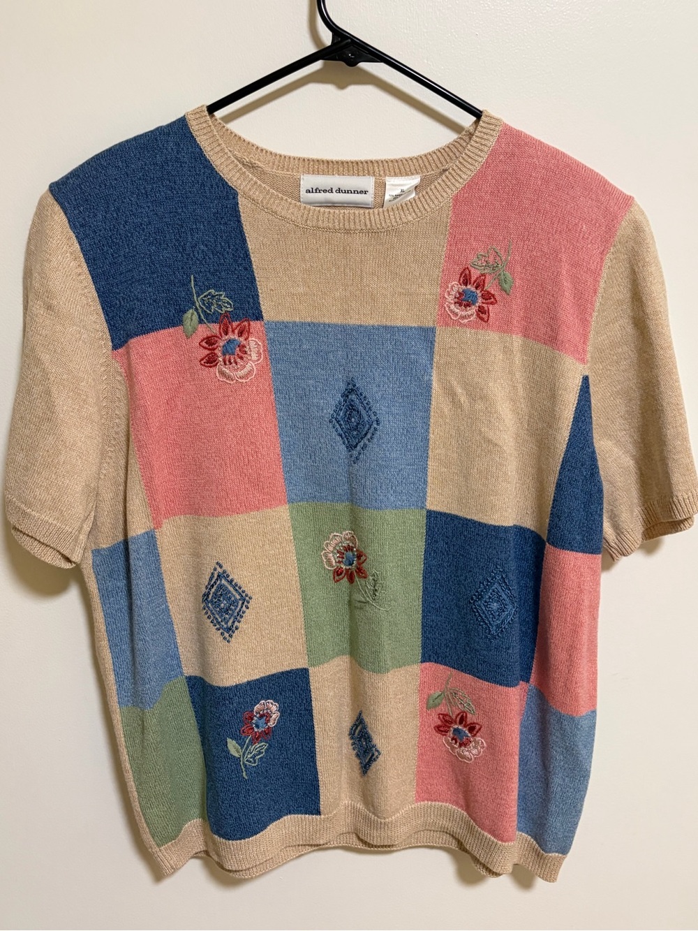 Alfred Dunner Patchwork Floral Short Sleeve Knit Top in Beige, Blue, Pink, Green